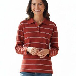 VINCE Striped Italian Cotton Piqué Polo Sweater Brick Rose Medium NWT $268